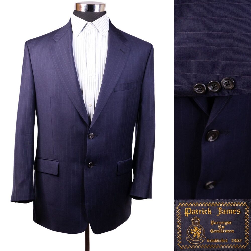 Patrick James Mens Wool Sport Coat Blazer Suit Jacket 2 Button Navy Stripes 44R